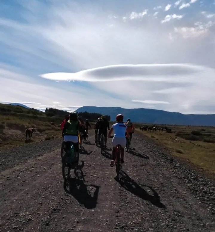 Grupo de ciclistas por la huella con caballos al costado